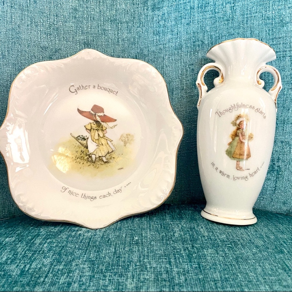 SET Vintage Holly Hobbie Bud Vase Porcelain Plate
